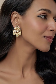 Gold Finish Moissanite Polki & Pearl Dangler Earrings In Sterling Silver