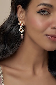 Gold Finish Moissanite Polki & Red Stone Dangler Earrings In Sterling Silver