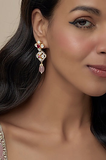 Gold Finish Moissanite Polki & Red Stone Dangler Earrings In Sterling Silver