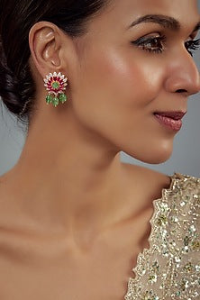 Gold Finish Moissanite Polki & Multi-Colored Stone Dangler Earrings In Sterling Silver