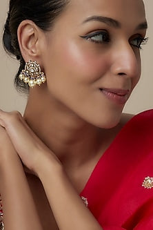Gold Finish Moissanite Polki & Pearl Dangler Earrings In Sterling Silver