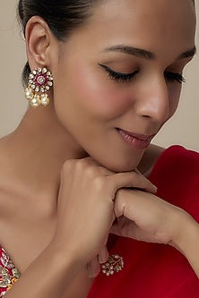 Gold Finish Moissanite Polki & Red Stone Dangler Earrings In Sterling Silver