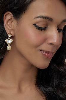 Gold Finish Moissanite Polki & Pearl Dangler Earrings In Sterling Silver