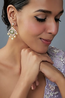 Gold Finish Moissanite Polki & Green Stone Dangler Earrings In Sterling Silver