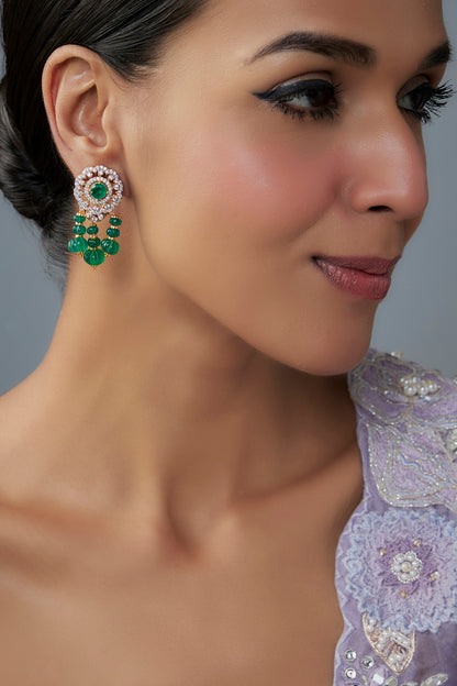 Gold Finish Moissanite Polki & Green Stone Dangler Earrings In Sterling Silver