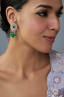 Gold Finish Moissanite Polki & Green Stone Dangler Earrings In Sterling Silver