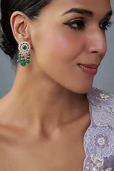 Gold Finish Moissanite Polki & Green Stone Dangler Earrings In Sterling Silver