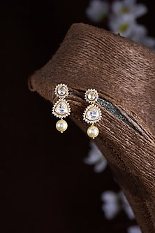 Gold Finish Moissanite Polki & Pearl Dangler Earrings In Sterling Silver