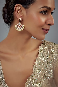 Gold Finish Moissanite Polki & Red Stone Chandbali Earrings In Sterling Silver