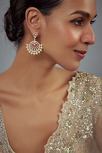 Gold Finish Moissanite Polki & Red Stone Chandbali Earrings In Sterling Silver