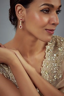 Gold Finish Moissanite Polki & Red Stone Dangler Earrings In Sterling Silver