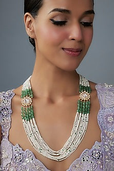 Gold Finish Moissanite Polki & Green Stone Long Necklace In Sterling Silver