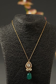 Gold Finish Synthetic Green Stone Necklace In Sterling Silver