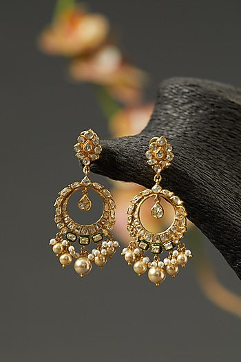 Gold Finish Moissanite Polki Dangler Earrings In Sterling Silver