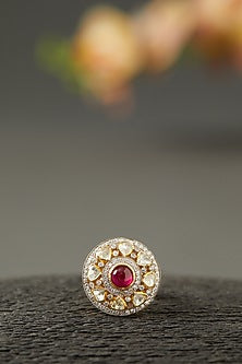 Gold Finish Synthetic Ruby Stone Ring In Sterling Silver