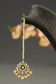 Gold Finish Moissanite Polki & Pearl Maangtikka In Sterling Silver