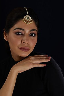 Gold Finish Moissanite Polki & Pearl Maangtikka In Sterling Silver