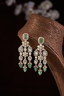 Gold Finish Moissanite Polki & Green Stone Dangler Earrings In Sterling Silver