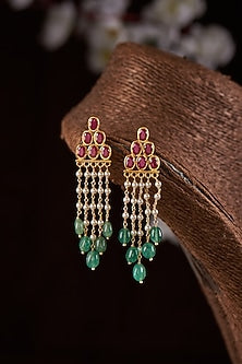 Gold Finish Moissanite Polki & Red Stone Dangler Earrings In Sterling Silver