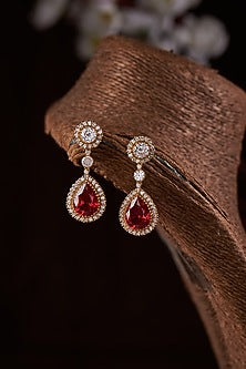 Gold Finish Moissanite Polki & Red Stone Dangler Earrings In Sterling Silver
