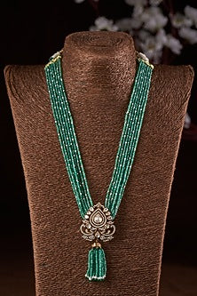 Black Rhodium Finish Moissanite Polki & Green Stone Long Necklace In Sterling Silver