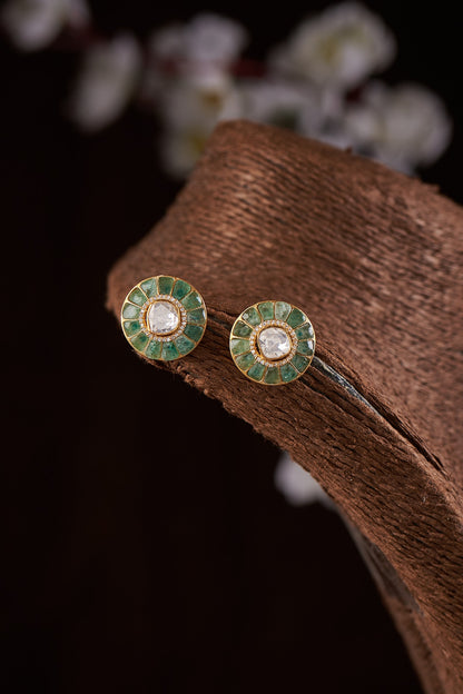 Gold Finish Moissanite Polki & Green Stone Stud Earrings In Sterling Silver