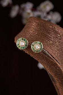 Gold Finish Moissanite Polki & Green Stone Stud Earrings In Sterling Silver