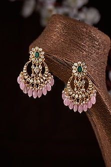 Gold Finish Moissanite Polki & Green Stone Dangler Earrings In Sterling Silver
