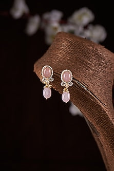 Gold Finish Moissanite Polki & Pink Stone Dangler Earrings In Sterling Silver