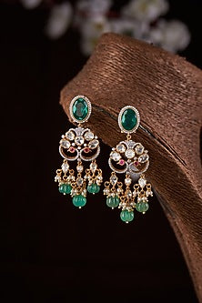 Gold Finish Moissanite Polki & Green Stone Dangler Earrings In Sterling Silver