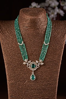 Gold Finish Moissanite Polki & Green Stone Long Necklace In Sterling Silver