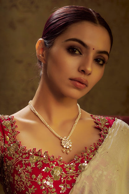 Gold Finish Moissanite Polki & Pearl Long Necklace In Sterling Silver