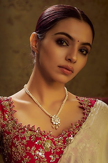 Gold Finish Moissanite Polki & Pearl Long Necklace In Sterling Silver