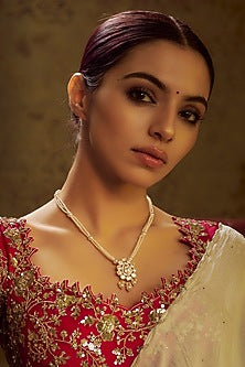 Gold Finish Moissanite Polki & Pearl Long Necklace In Sterling Silver