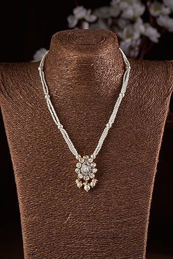 Gold Finish Moissanite Polki & Pearl Long Necklace In Sterling Silver