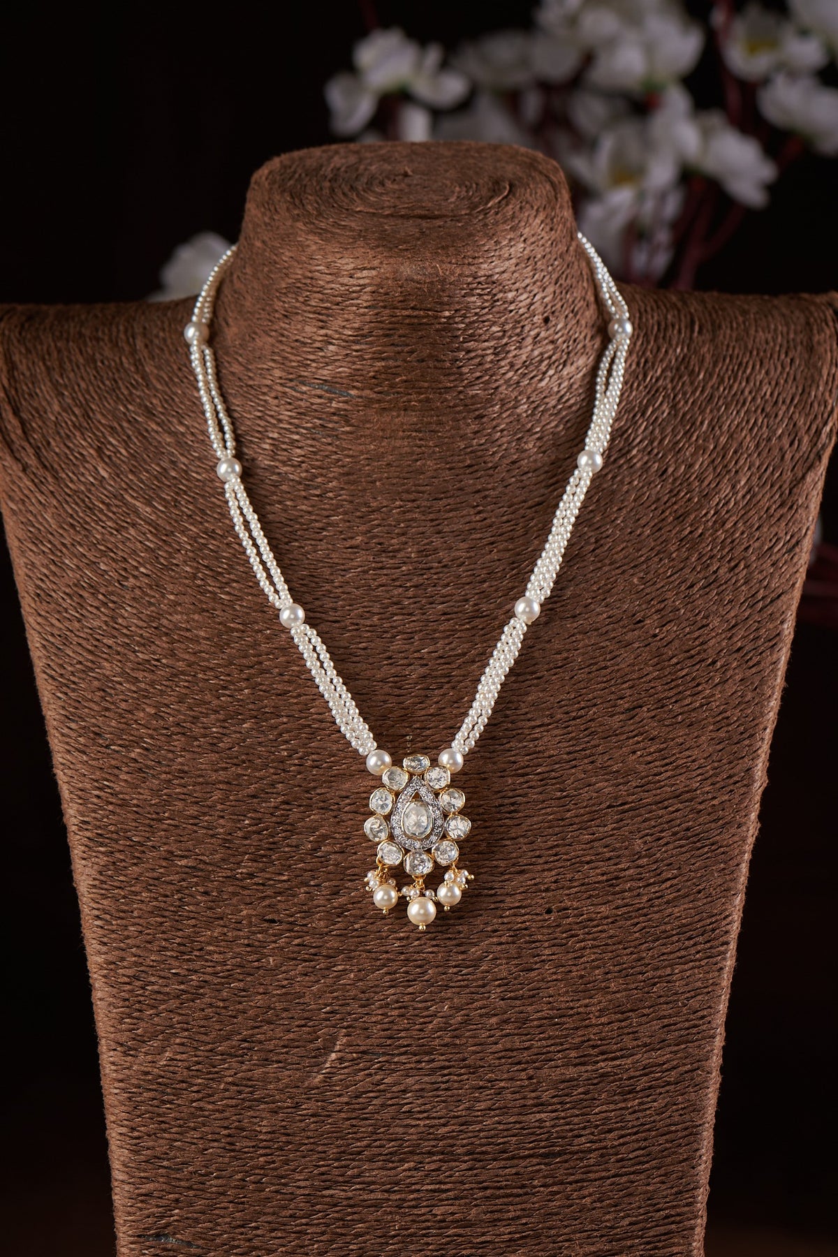 Gold Finish Moissanite Polki & Pearl Long Necklace In Sterling Silver