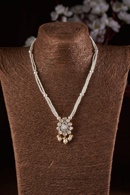 Gold Finish Moissanite Polki & Pearl Long Necklace In Sterling Silver