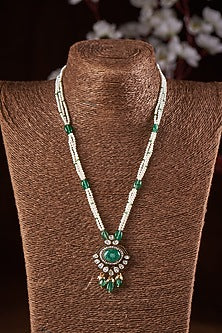 Black Rhodium Finish Moissanite Polki & Green Stone Long Necklace In Sterling Silver