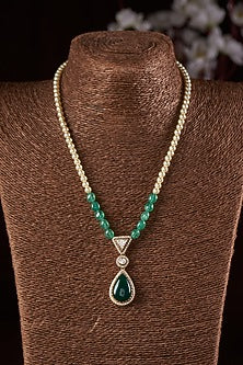 Gold Finish Moissanite Polki & Green Stone Long Necklace In Sterling Silver