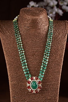 Gold Finish Moissanite Polki & Green Stone Long Necklace In Sterling Silver