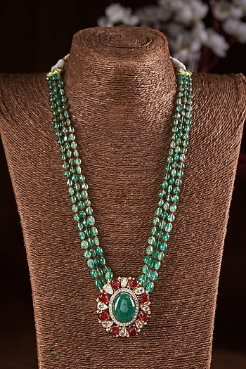 Gold Finish Moissanite Polki & Green Stone Long Necklace In Sterling Silver