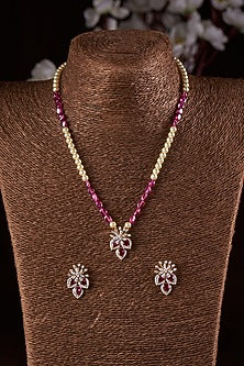 Gold Finish Moissanite Polki & Synthetic Red Stone Necklace Set In Sterling Silver