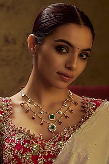 Gold Finish Moissanite Polki & Stone Layered Necklace In Sterling Silver