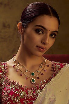 Gold Finish Moissanite Polki & Stone Layered Necklace In Sterling Silver