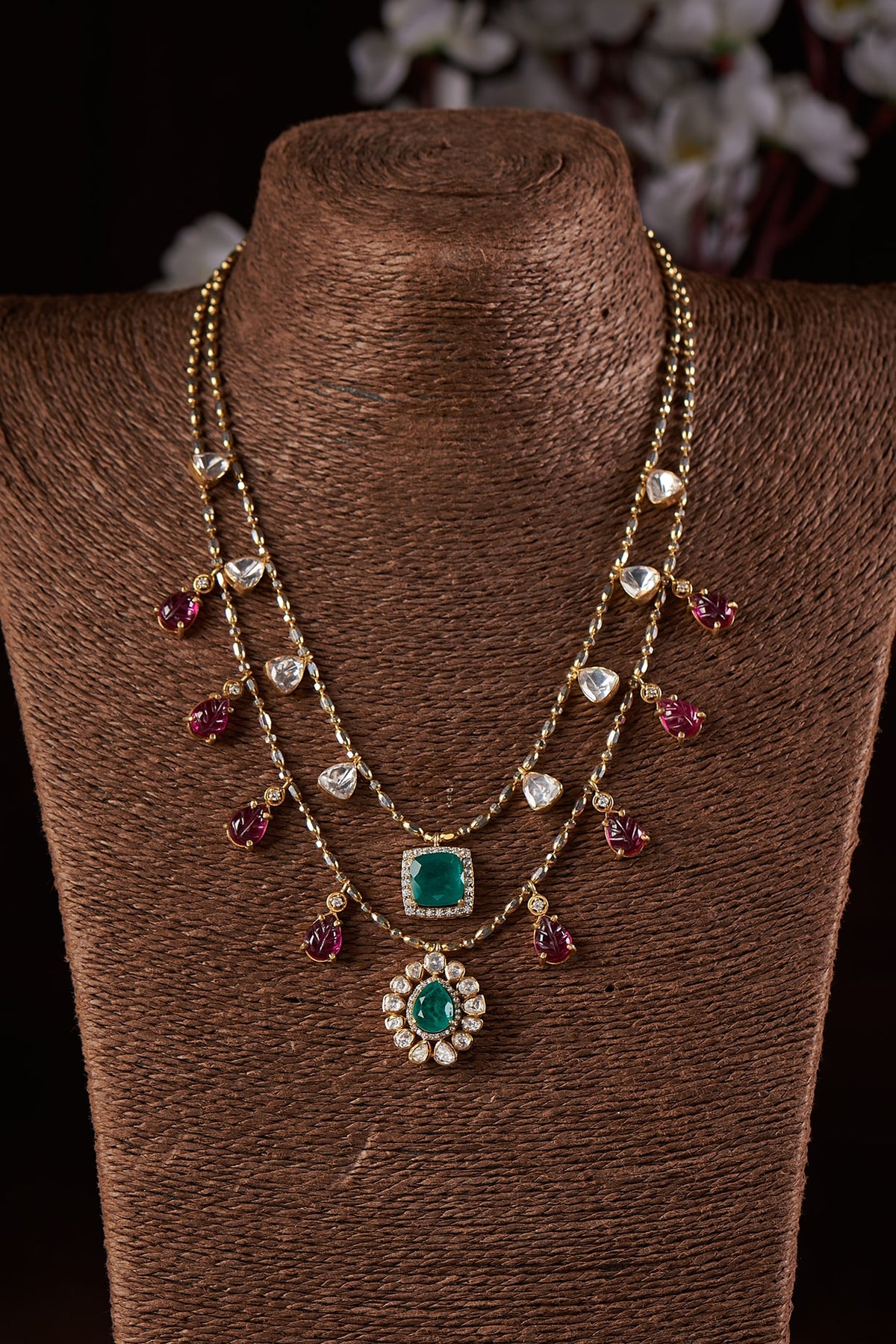 Gold Finish Moissanite Polki & Stone Layered Necklace In Sterling Silver