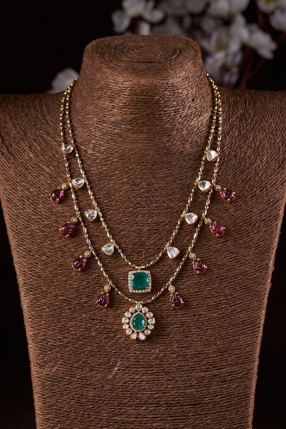 Gold Finish Moissanite Polki & Stone Layered Necklace In Sterling Silver