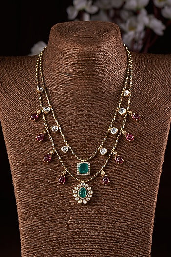 Gold Finish Moissanite Polki & Stone Layered Necklace In Sterling Silver