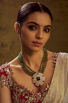Gold Finish Moissanite Polki & Stone Long Necklace In Sterling Silver