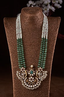 Gold Finish Moissanite Polki & Green Stone Long Necklace In Sterling Silver