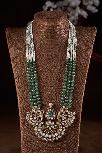 Gold Finish Moissanite Polki & Green Stone Long Necklace In Sterling Silver